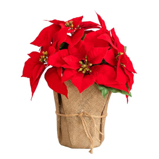 Nearly Natural 13" Red Artificial Velvet Poinsettia in Burlap Planter